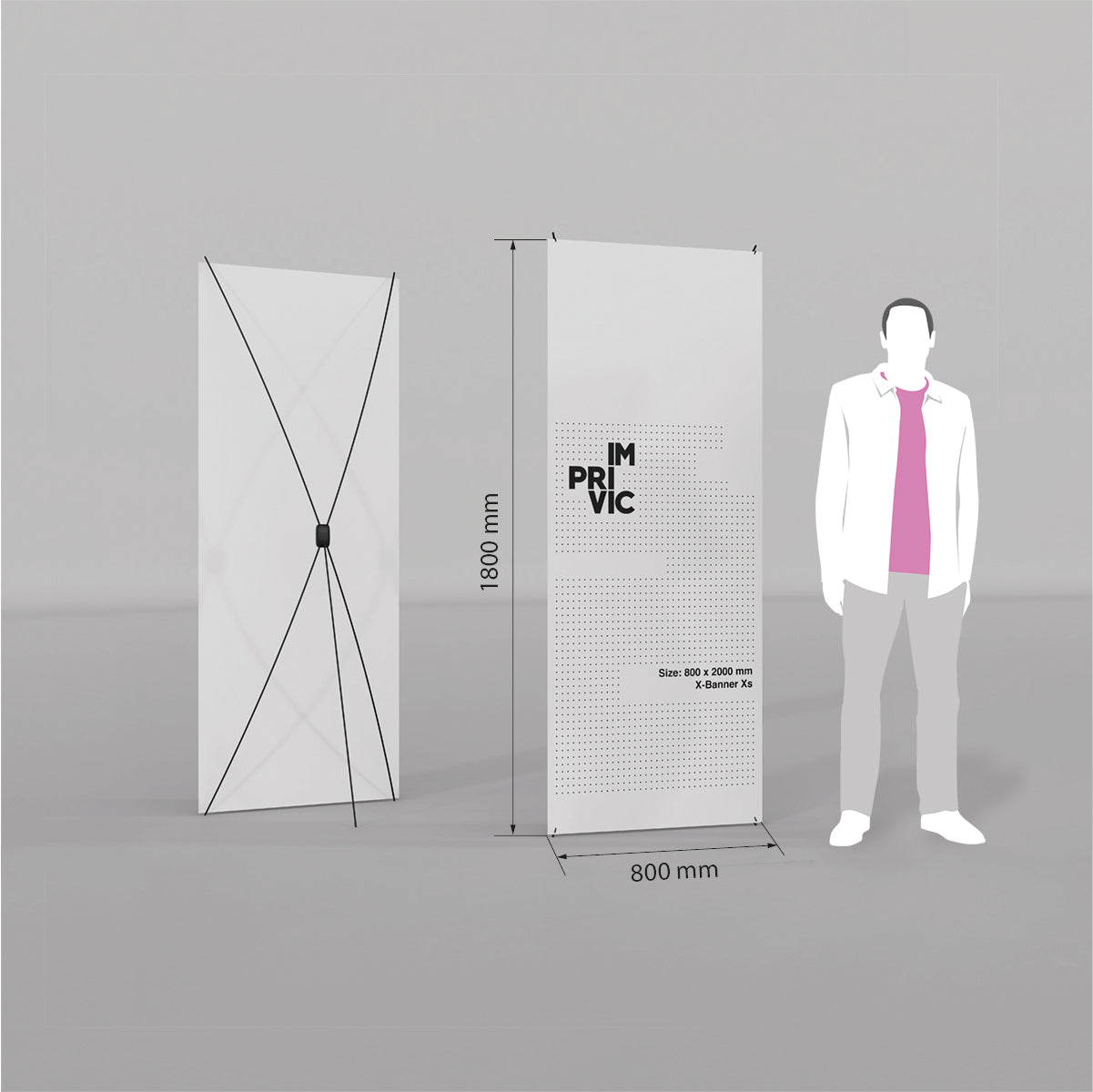 Expositor X-Banner tamaño XS, ligero y portátil.